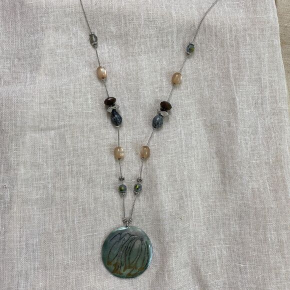 Chicos Statement Necklace Beaded Green Brown Silver Enameled Pendant Reversible - Picture 4 of 9